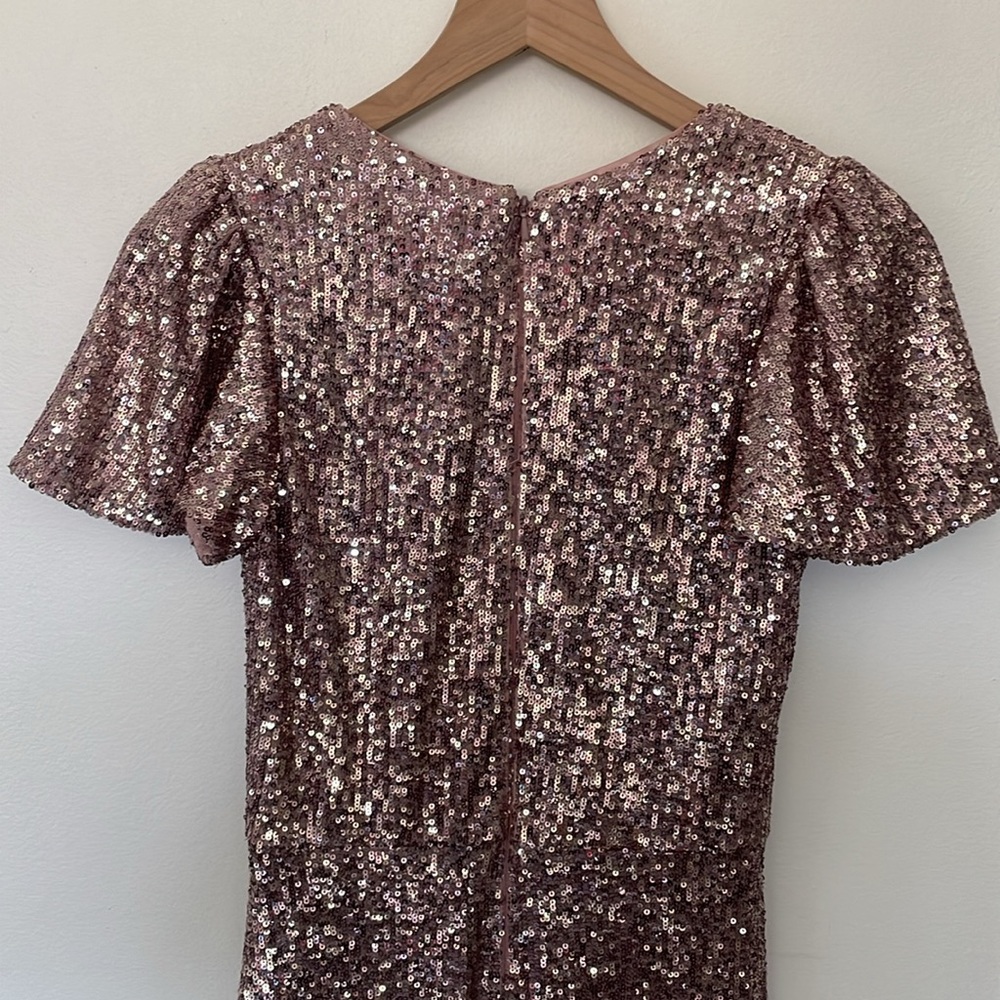XSCAPE | Blush Pink Sequin Flutter Sleeve Surplice Tulip Midi Dress NWT Size 4 - Picture 10 of 12